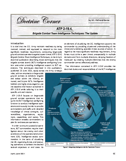 Doctrine Corner: ATP 2-19.4, Brigade Combat Team Intelligence Techniques — 14 Sep 2021 : ""